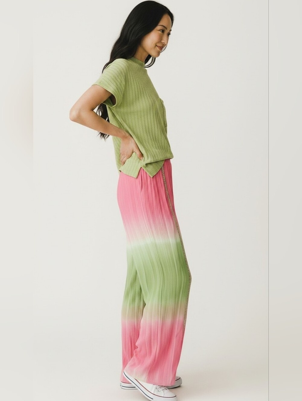 Boho Pink and Green and Red and Blue Tie-Dye Wide Leg Pants